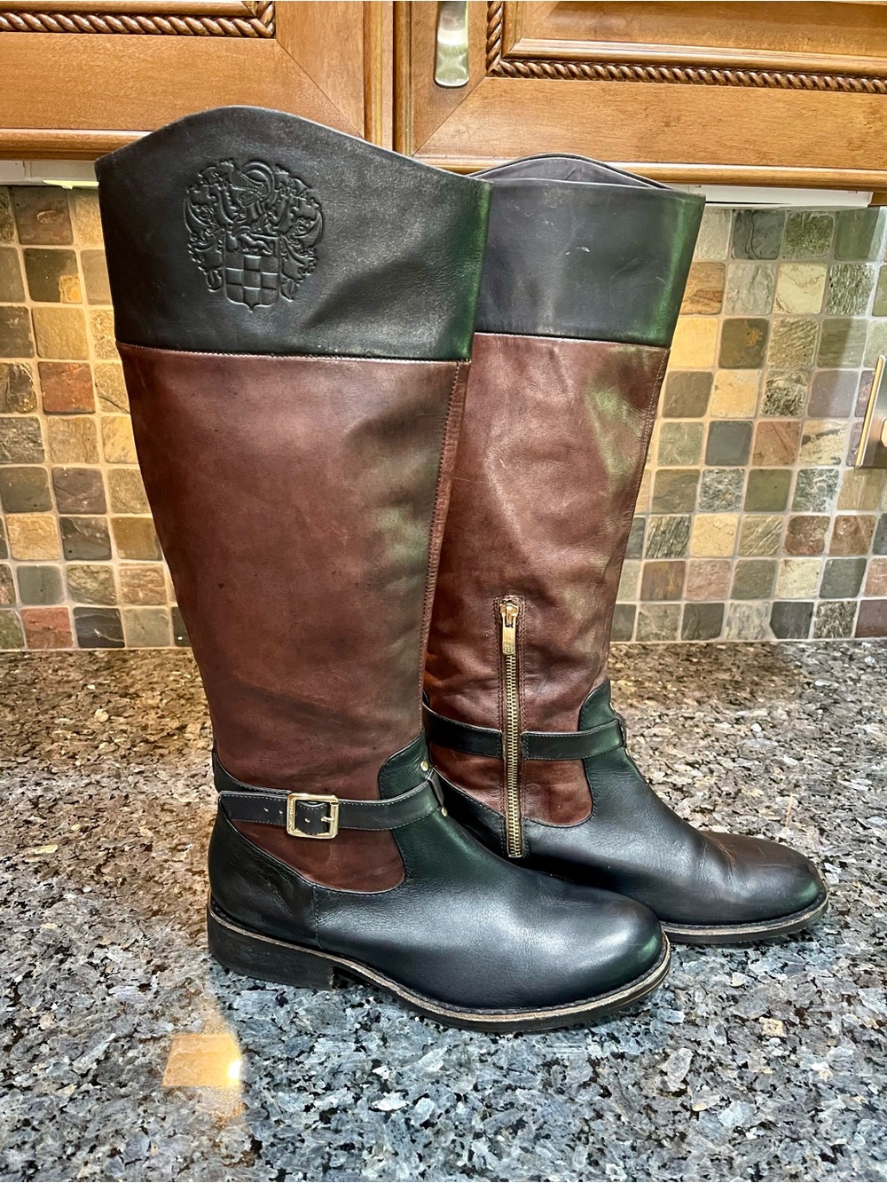 Vince Camuto Flavian Riding Boots Black and Brown Crest Two-Tone 10 - Picture 2 of 16